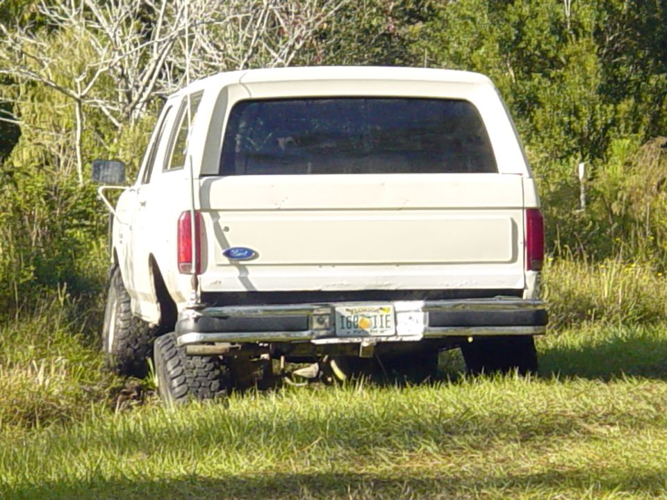 1989 Ford Bronco rear view, parked in grass. License plate reads 168 TIE
