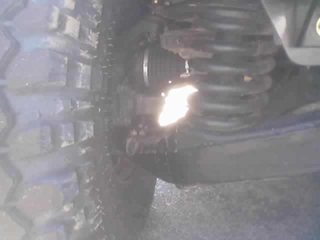 Close-up of a vehicle's off-road tire, coil spring and suspension underside
