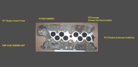 1986 Ford Bronco - A cast aluminum lower intake manifold shown from above on a tan background, with six large round intake runner ports visible and callout la…