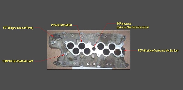 Aluminum lower intake manifold with six runner ports and labeled sensor locations