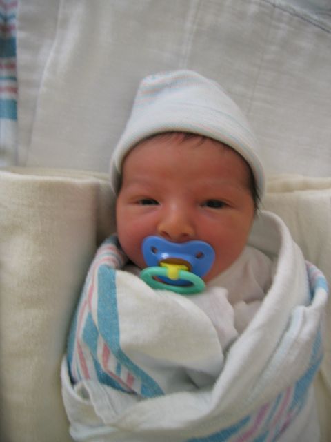 2002 Ford Taurus - A newborn baby is swaddled in a hospital blanket and wearing a hat with a pacifier in its mouth.