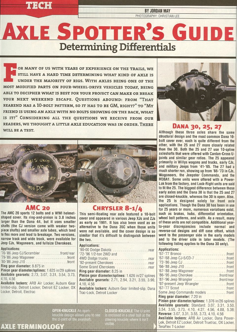 Page from "Axle Spotter's Guide" detailing differentials, with photos of AMC 20 and Chrysler 8-1/4 axles