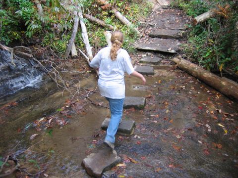 1985 Ford LTD Crown Victoria - A person navigates a rocky stream crossing on a wooded trail, with fallen leaves adding color to the water.