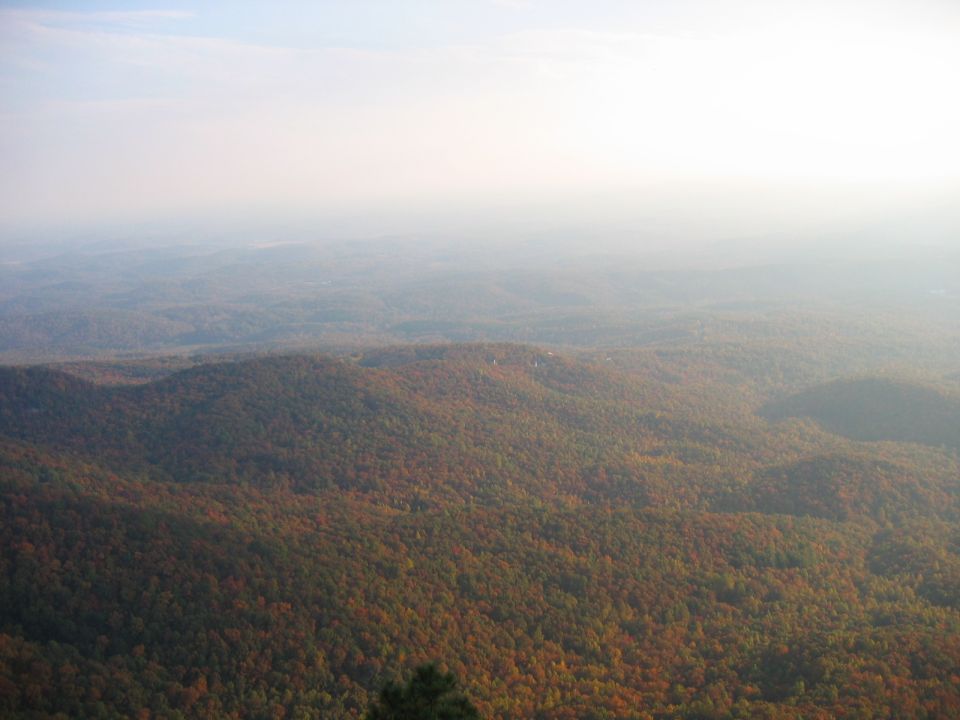 Misty mountain landscape with autumn foliage