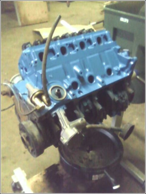 1980 Ford Bronco - A blue engine block is shown on a stand, with its internal components visible.