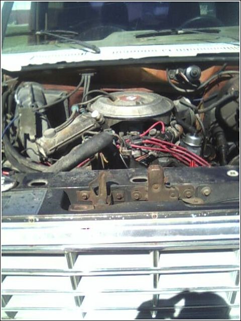 1980 Ford Bronco - Close-up view of a vehicle's engine bay, showing the V8 engine and surrounding components.