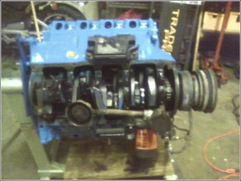 1980 Ford Bronco - Close-up view of a blue engine block, showing internal components and external pulleys.