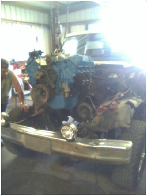 1980 Ford Bronco - Engine installation in progress on a 1980 Ford Bronco.