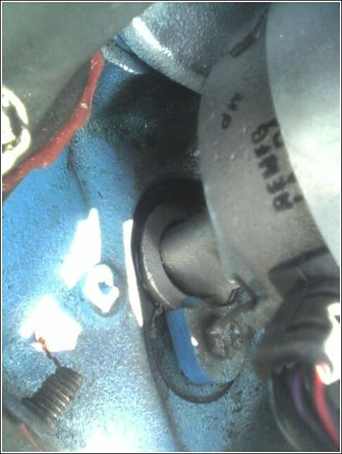 1980 Ford Bronco - Tight close-up inside an engine bay showing a black rubber hose marked "REINF" routed past a Ford-blue painted casting, with a wiring harne…