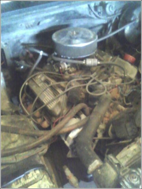 1980 Ford Bronco - Grimy, dust-covered V8 engine still sitting in a vehicle's engine bay, topped with a round chrome air cleaner on a two-barrel carburetor. A…