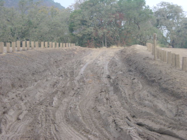Muddy track with wooden posts and trees in background