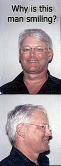 1989 Ford Bronco - A man is shown in two poses, front and profile, with text asking why he is smiling and a website address.