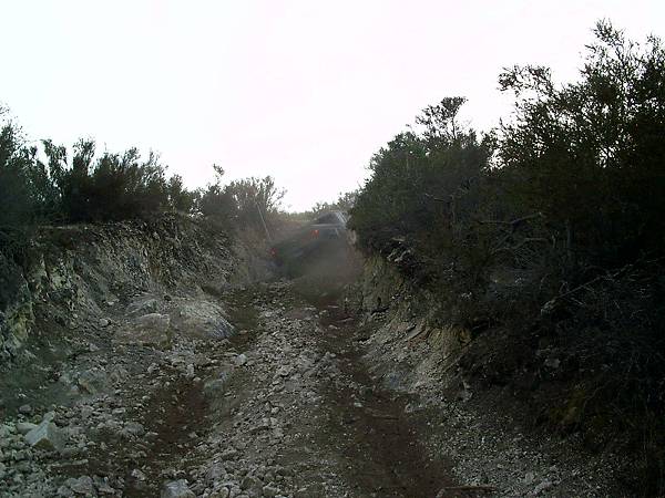 Off-road vehicle driving up a rocky, overgrown path