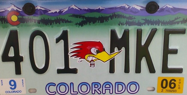 Colorado license plate with numbers 401 MKE and a cartoon roadrunner