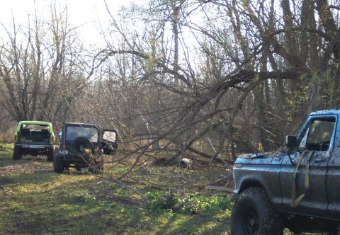 1978 Ford Bronco - Three muddy off-road vehicles are parked in a clearing surrounded by trees, with one vehicle prominently in the foreground.