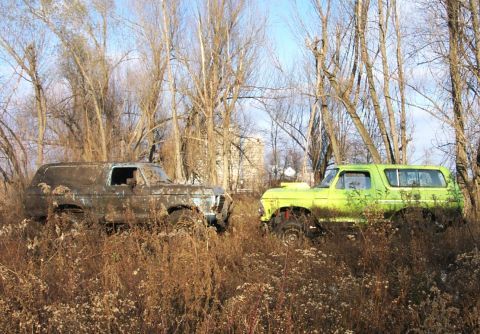 1978 Ford Bronco - Two full-size Ford Broncos parked nose to nose in tall dry brush and bare trees, one mud-covered in faded blue-gray and the other in bright…