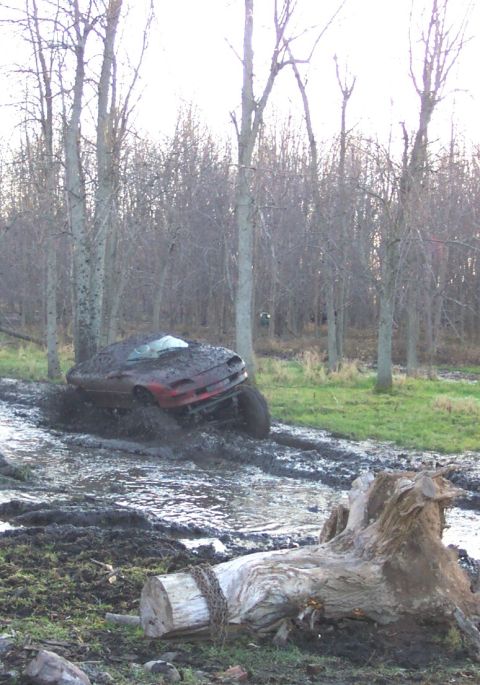 1978 Ford Bronco - A dark red coupe body mounted on a lifted 4x4 chassis with oversized off-road tires plows through a flooded mud trench in a stand of bare p…