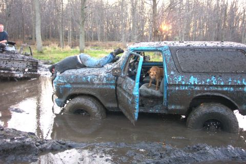 1978 Ford Bronco - A blue full-size Ford Bronco with a removable hardtop sits axle-deep in a muddy water hole, its body streaked with heavy mud, driver's door…