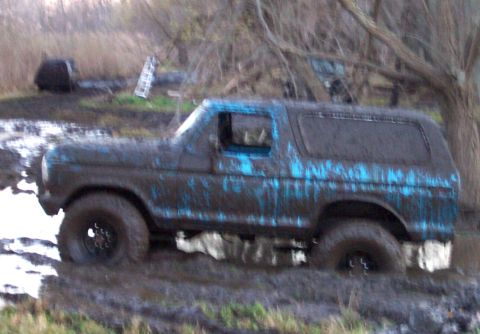 1978 Ford Bronco - A heavily muddied 1978 Ford Bronco is stuck in a wet, grassy area.
