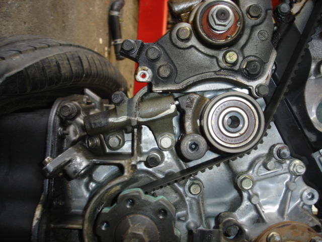 Engine timing belt with idler pulley and belt teeth close-up