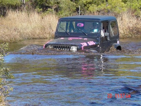 1995 Dodge 1500 - A black Jeep Wrangler with a pink "TIN GIRL" decal navigates through murky water.