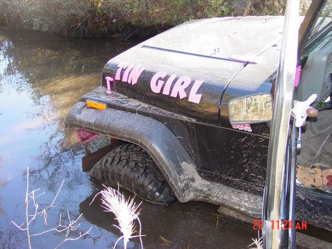 1995 Dodge 1500 - A black Jeep Wrangler is stuck in shallow water, its tires covered in mud and the hood displaying pink lettering.