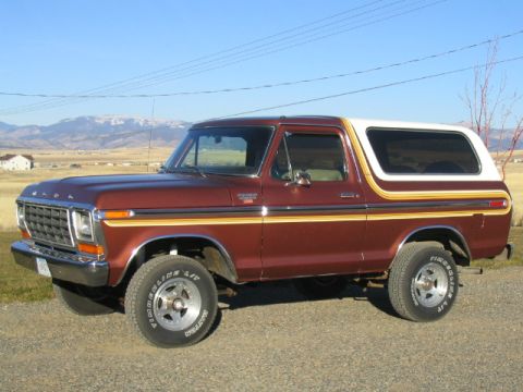 1979 Ford Bronco - A classic brown Ford Bronco with a white hardtop is parked outdoors under a clear blue sky.