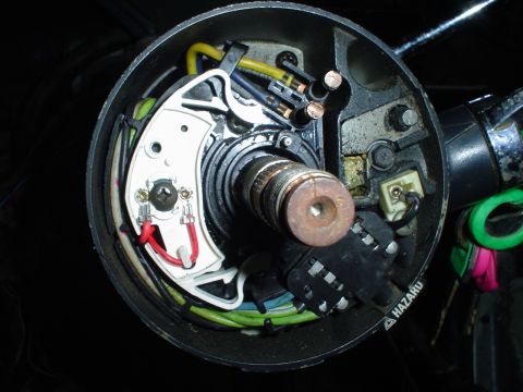 1984 Ford Bronco - Close-up view of the internal workings of a vehicle's steering column.