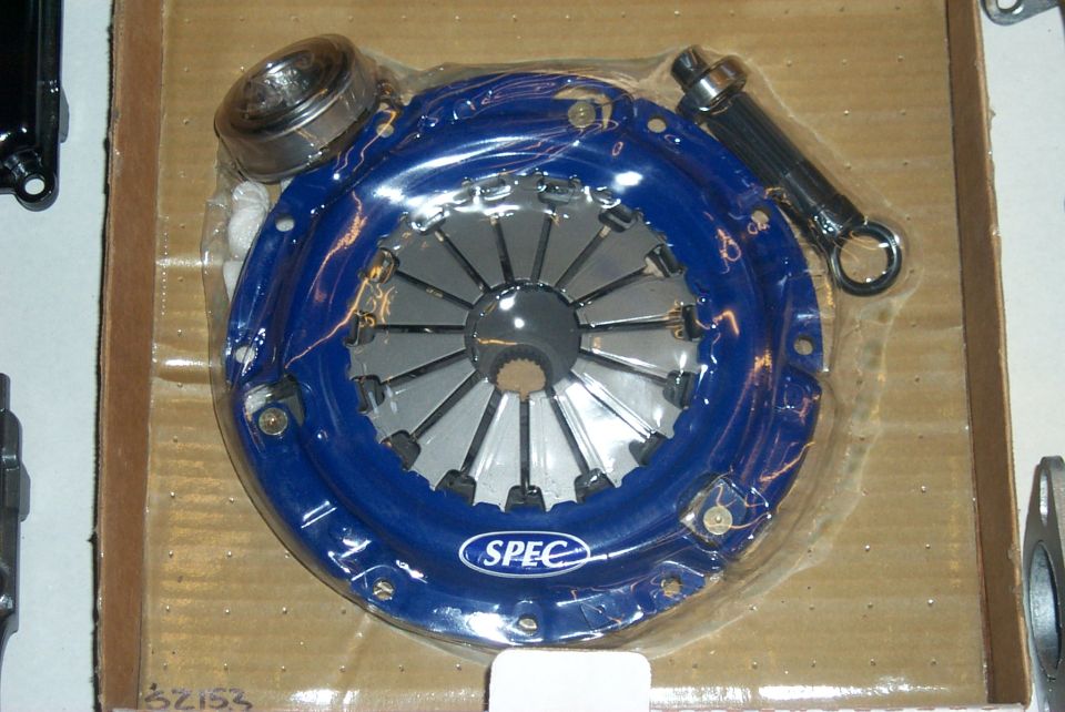 New blue SPEC clutch pressure plate in its box with throwout bearing and alignment tool