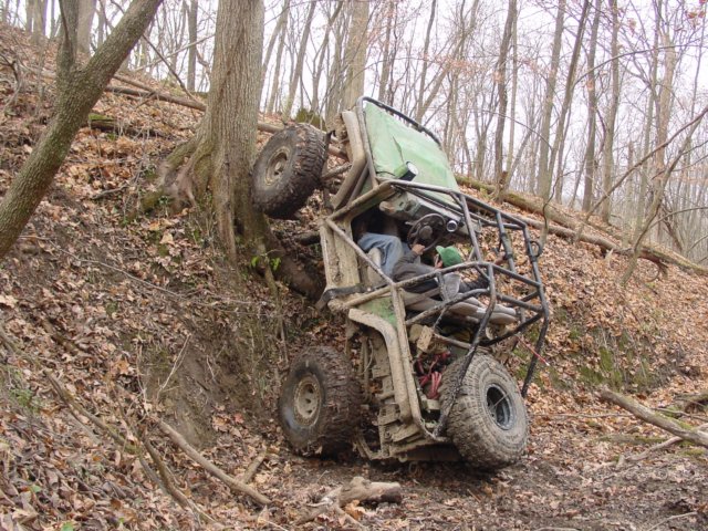 Off-road buggy tilted against a tree on a wooded slope