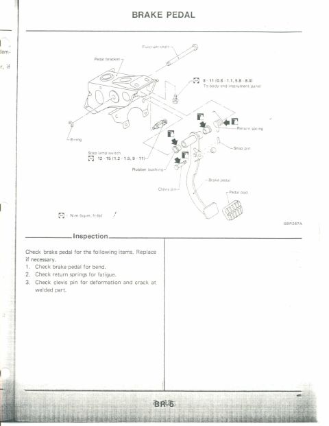 1990 Nissan Micra - Brake pedal assembly diagram from a service manual, detailing inspection points for the brake pedal.