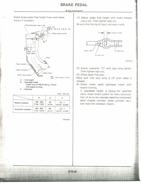 1990 Nissan Micra - This document provides instructions and diagrams for adjusting a vehicle's brake pedal, detailing measurements for free height and clearanc…