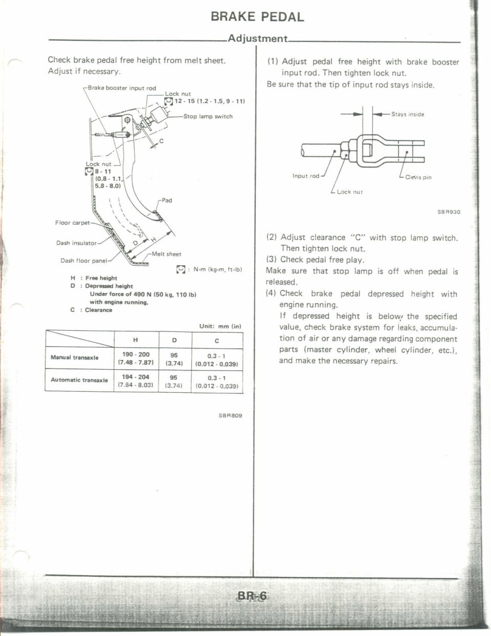 Brake pedal adjustment service manual page with diagrams and spec table.