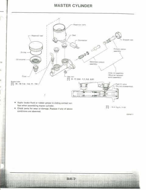 1990 Nissan Micra - This diagram illustrates the components and assembly of a vehicle's master cylinder, including instructions for maintenance.