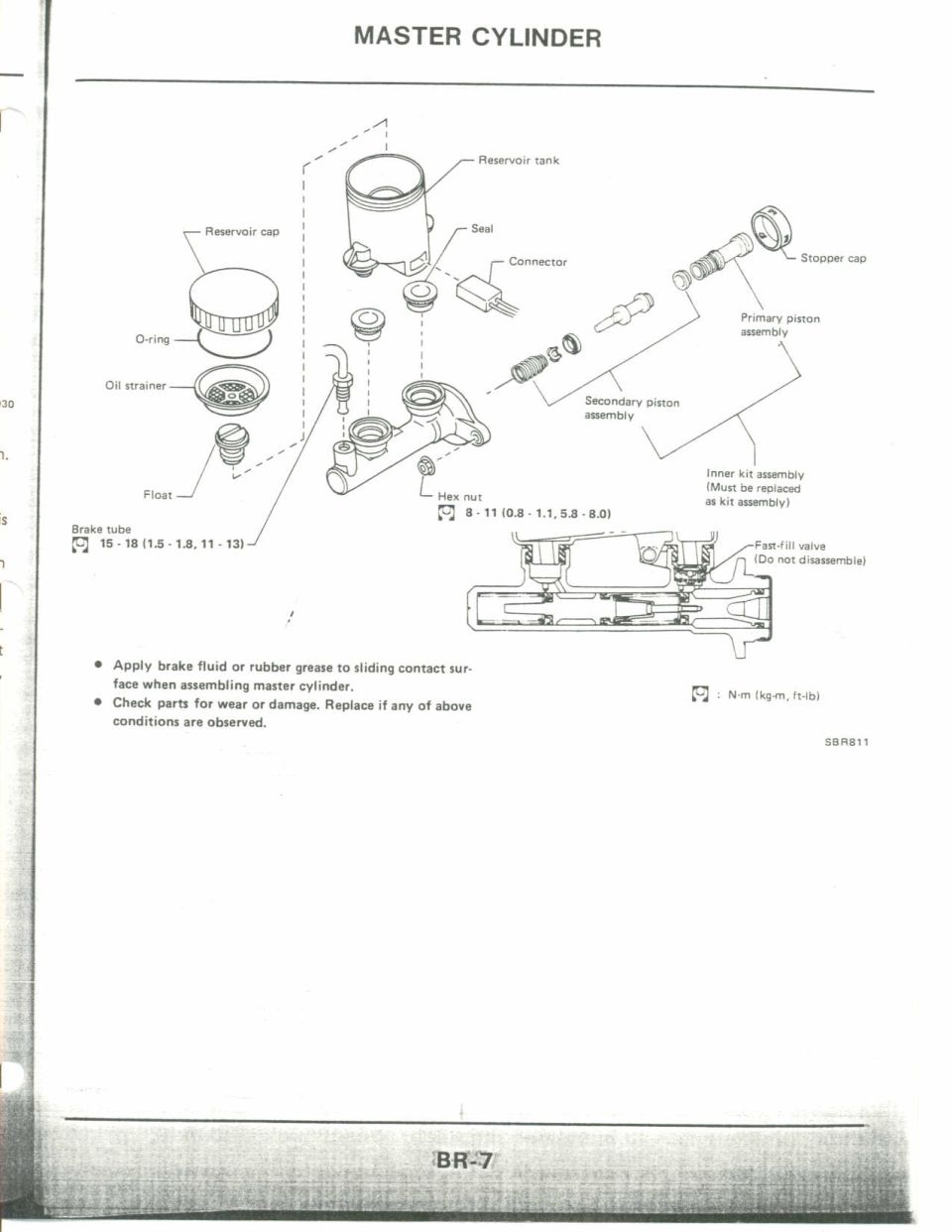 Exploded view of brake master cylinder with reservoir, pistons and seals