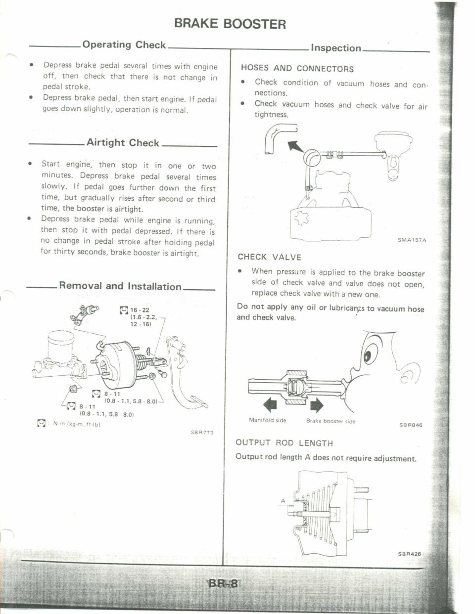 Brake booster operating, airtight and check-valve inspection procedure with removal torque specs