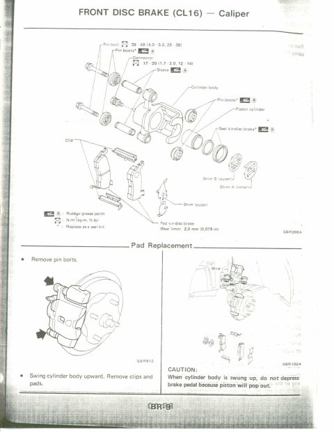 1990 Nissan Micra - Diagram shows front disc brake caliper assembly and pad replacement steps.