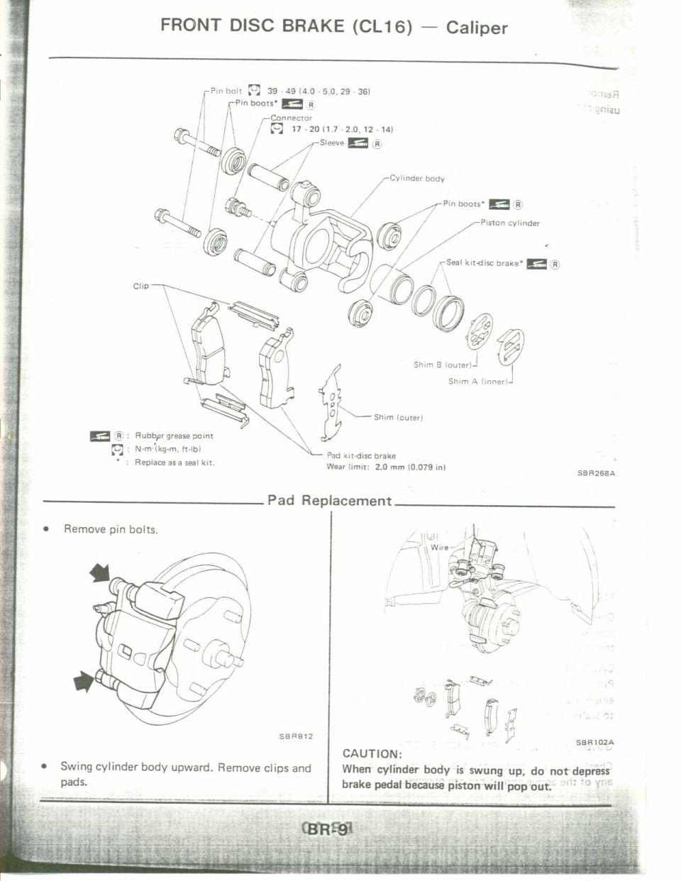 Exploded view of front disc brake CL16 caliper with pins, pads and seals