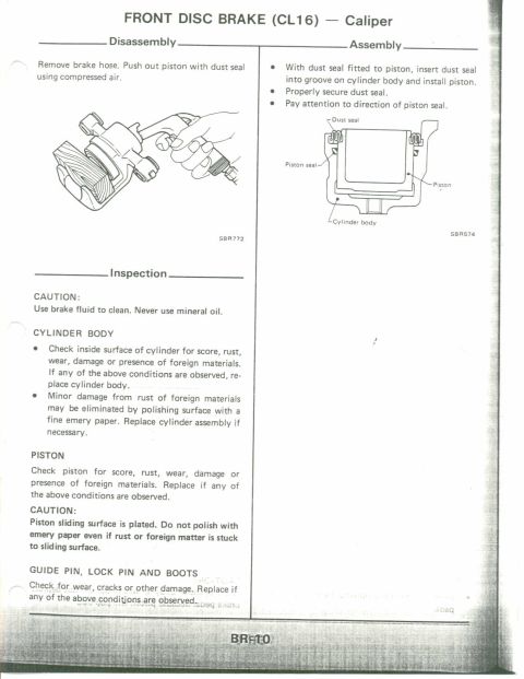 1990 Nissan Micra - This document details the disassembly and assembly procedures for a front disc brake caliper.