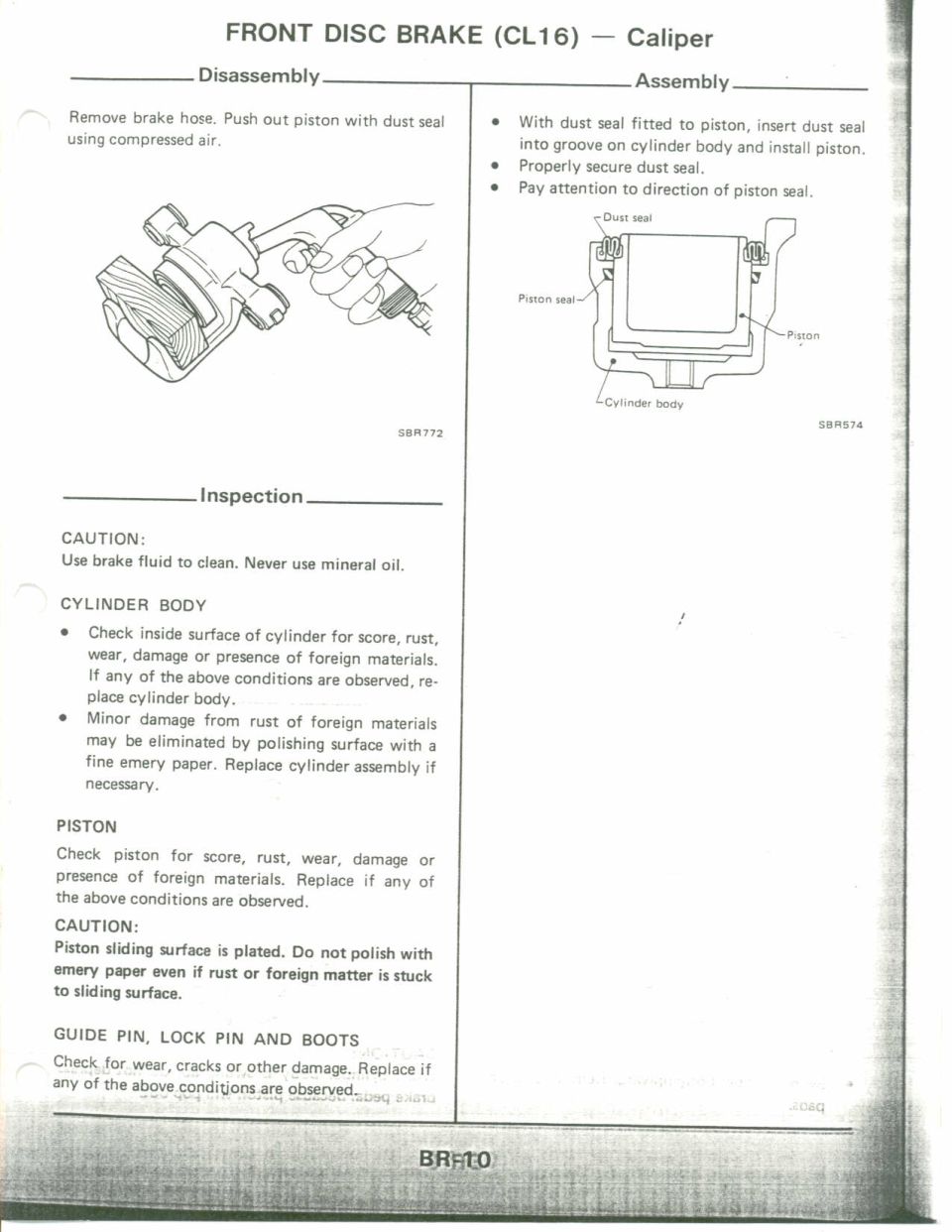 Front disc brake caliper disassembly, assembly and inspection instructions