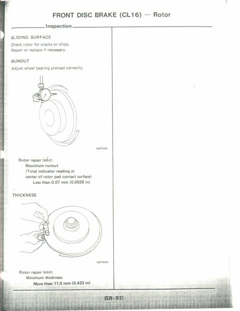 1990 Nissan Micra - Diagrams and text explain how to inspect a front disc brake rotor for proper function.