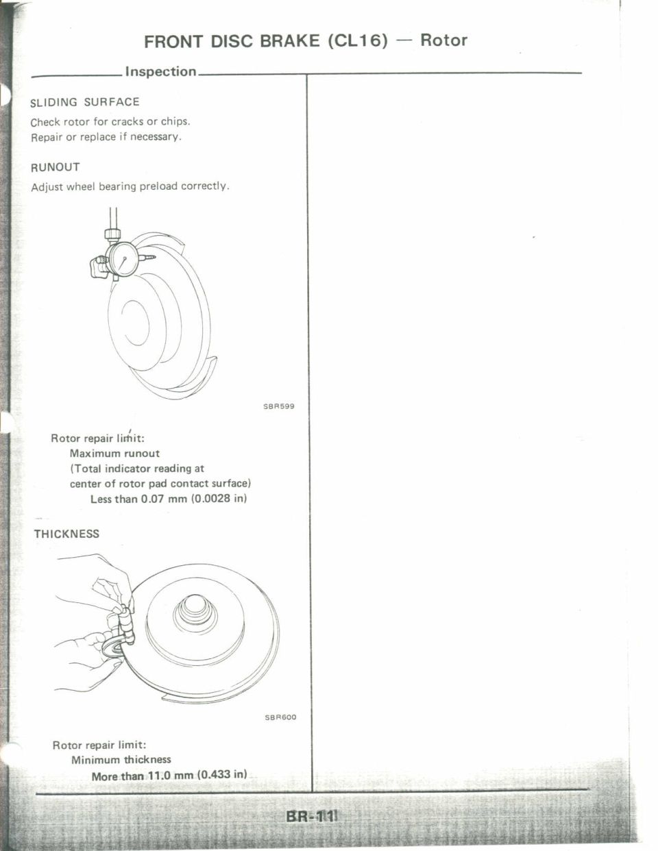 Service manual page on front disc brake rotor inspection with diagrams.