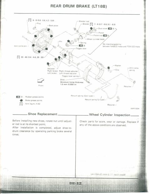 1990 Nissan Micra - This diagram illustrates the components of a rear drum brake system and provides service procedures.