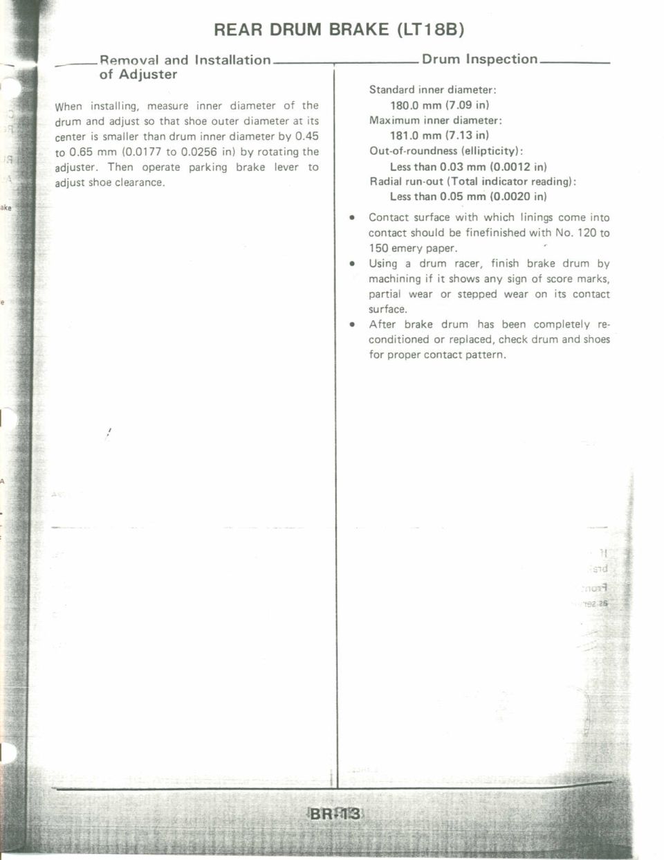 Service manual page BR-13 on rear drum brake adjuster installation and drum inspection specifications