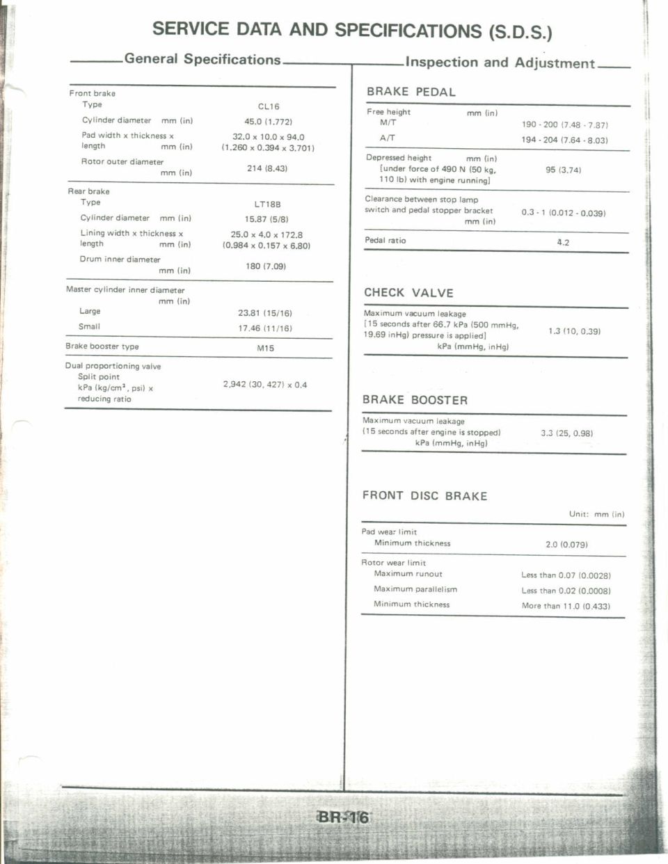 Brake system Service Data and Specifications: front CL16 caliper, rear LT18B, master cylinder, pedal specs
