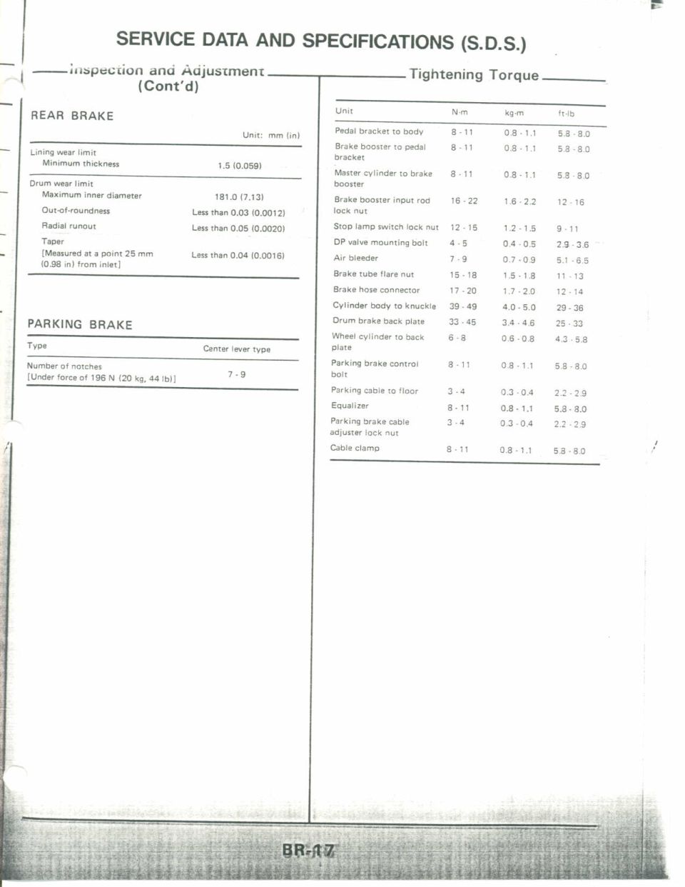 Brake system rear-brake/parking-brake specs and tightening torque chart: booster, master cylinder, flare nuts