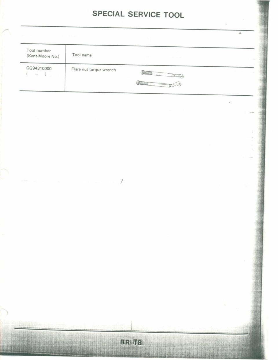 Service manual page listing flare nut torque wrench GG94310000