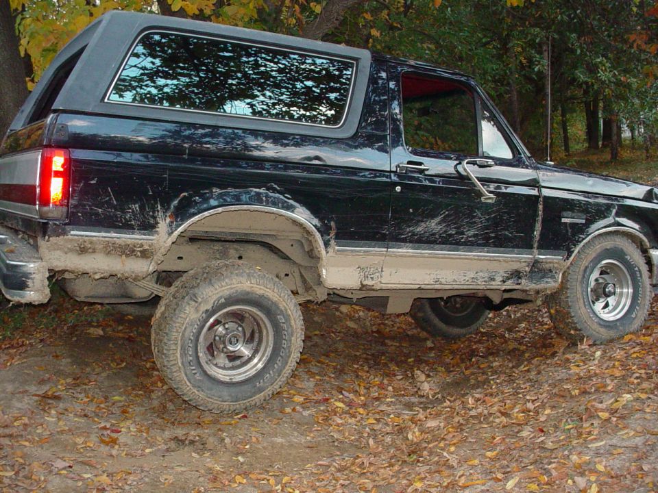 Black Ford Bronco from the rear quarter on muddy ground, lifted on chrome wheels with caked-on mud