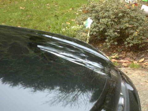 1995 Ford Bronco - The hood of a car shows significant damage, including dents and scratches.