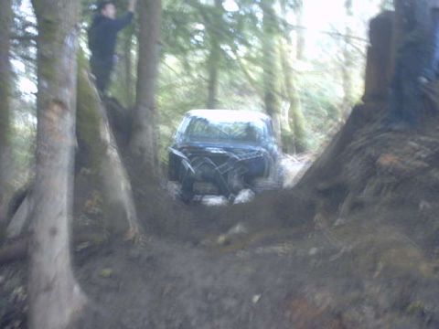 1995 Ford Bronco - An off-road vehicle is deeply embedded in mud amidst a wooded area.